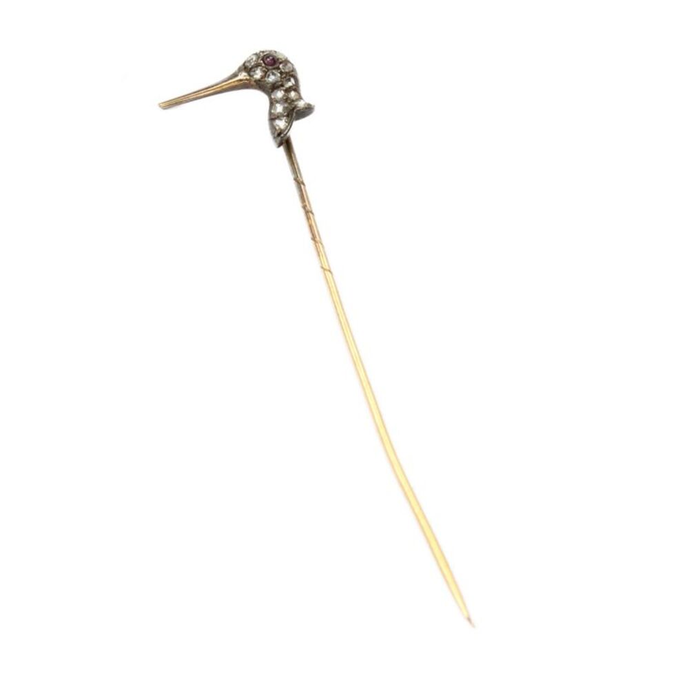 Designer Unisex Antique 15K Gold+925 Silver Rose Cut Diamond Bird Stick Pin 2.5"